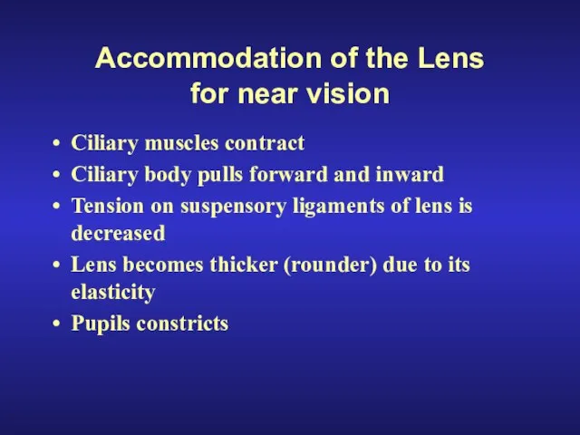 Accommodation of the Lens for near vision Ciliary muscles contract Ciliary body