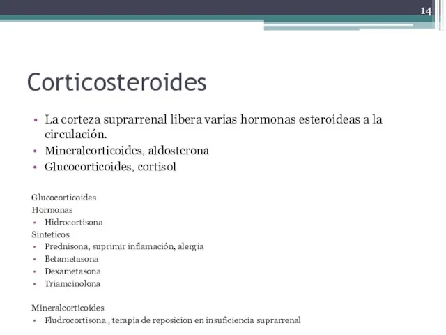 Corticosteroides La corteza suprarrenal libera varias hormonas esteroideas a la circulación. Mineralcorticoides,