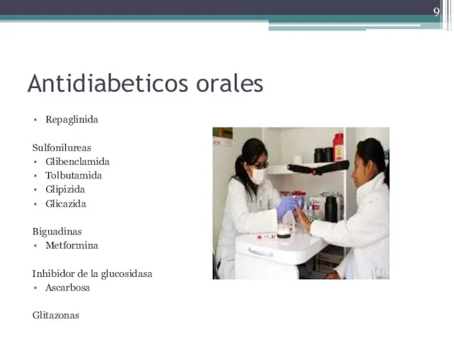 Antidiabeticos orales Repaglinida Sulfonilureas Glibenclamida Tolbutamida Glipizida Glicazida Biguadinas Metformina Inhibidor de la glucosidasa Ascarbosa Glitazonas