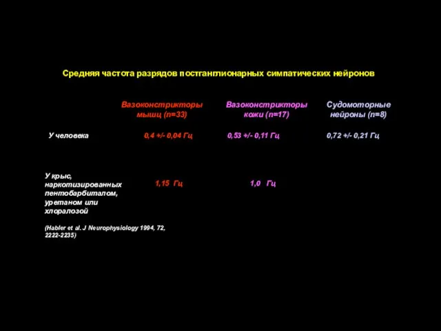 Вазоконстрикторы мышц (n=33) Судомоторные нейроны (n=8) Вазоконстрикторы кожи (n=17) 0,4 +/- 0,04