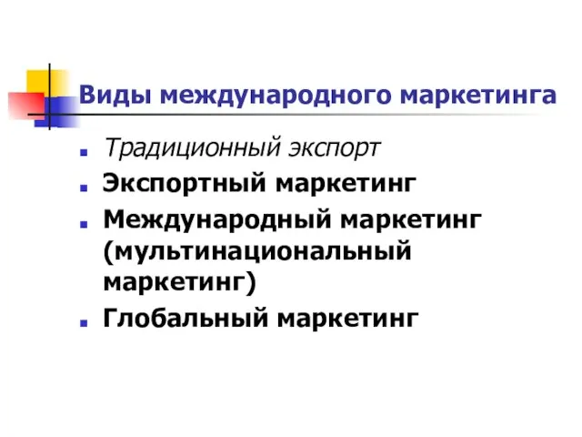 Виды международного маркетинга Традиционный экспорт Экспортный маркетинг Международный маркетинг (мультинациональный маркетинг) Глобальный маркетинг