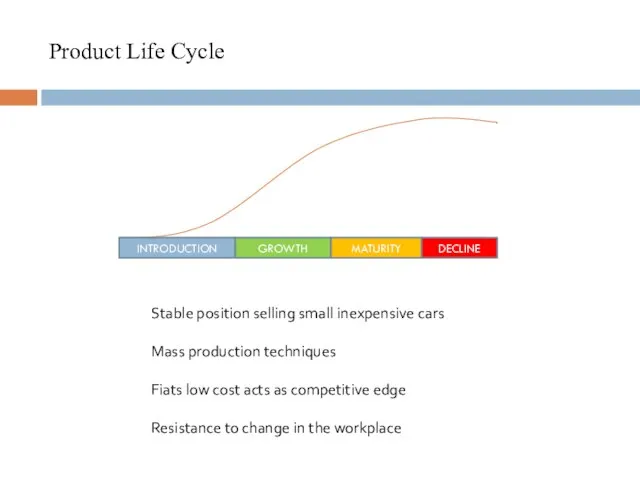 Product Life Cycle INTRODUCTION GROWTH MATURITY DECLINE Stable position selling small inexpensive