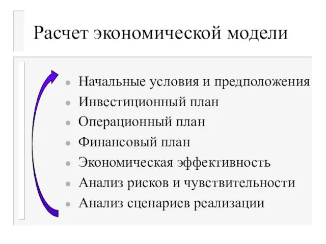 Расчет экономической модели Начальные условия и предположения Инвестиционный план Операционный план Финансовый