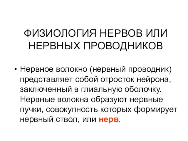 ФИЗИОЛОГИЯ НЕРВОВ ИЛИ НЕРВНЫХ ПРОВОДНИКОВ Нервное волокно (нервный проводник) представляет собой отросток