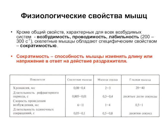 Физиологические свойства мышц Кроме общий свойств, характерных для всех возбудимых систем -