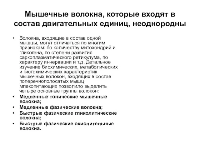 Мышечные волокна, которые входят в состав двигательных единиц, неоднородны Волокна, входящие в