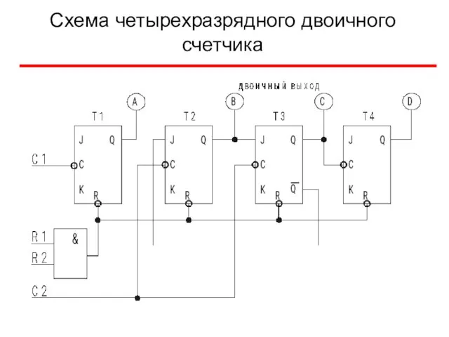 Схема четырехразрядного двоичного счетчика