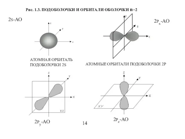 Рис. 1.3. ПОДОБОЛОЧКИ И ОРБИТАЛИ ОБОЛОЧКИ n=2 АТОМНАЯ ОРБИТАЛЬ ПОДОБОЛОЧКИ 2S АТОМНЫЕ