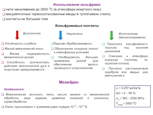 Использование вольфрама: нити накаливания до 2000 0С (в атмосфере инертного газа); вакуумплотные