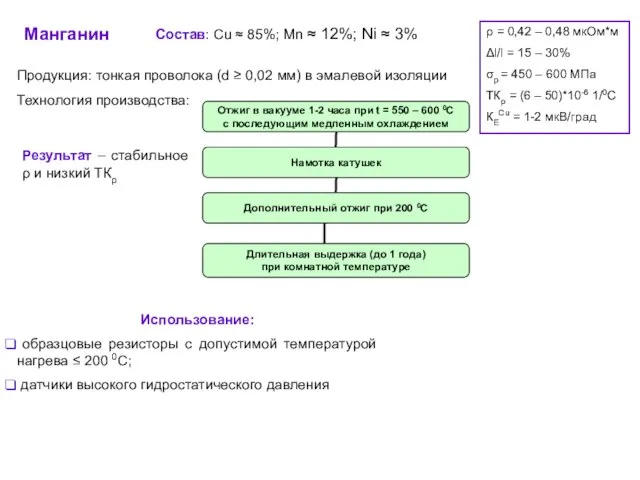 Манганин ρ = 0,42 – 0,48 мкОм*м Δl/l = 15 – 30%