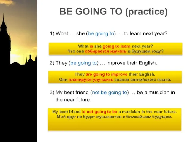 BE GOING TO (practice) 1) What … she (be going to) …