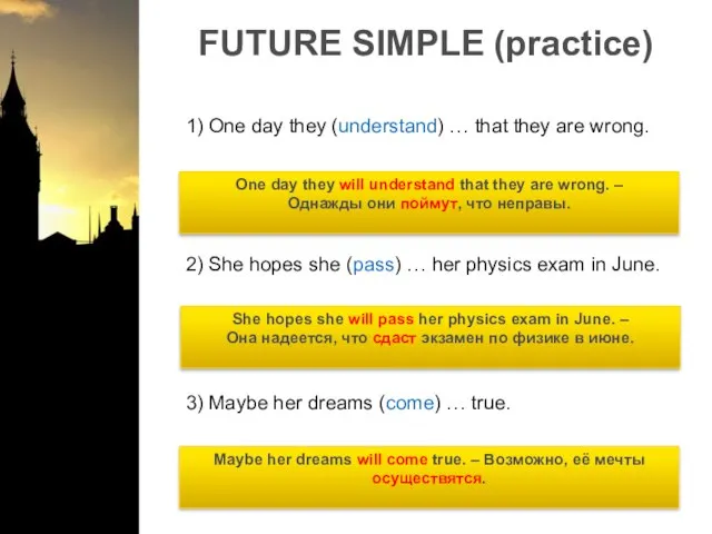 FUTURE SIMPLE (practice) 1) One day they (understand) … that they are