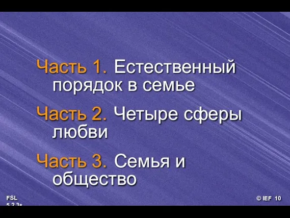 Часть 1. Естественный порядок в семье Часть 2. Четыре сферы любви Часть 3. Семья и общество