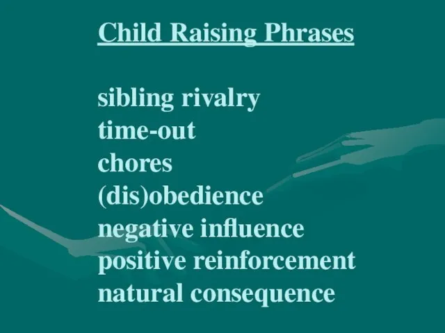 Child Raising Phrases sibling rivalry time-out chores (dis)obedience negative influence positive reinforcement natural consequence