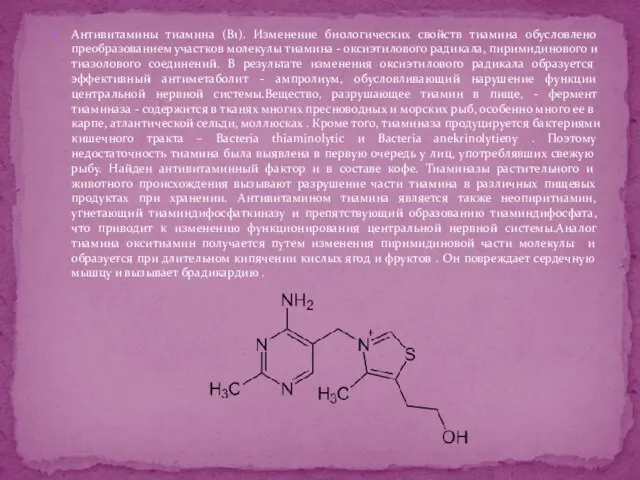 Антивитамины тиамина (B1). Изменение биологических свойств тиамина обусловлено преобразованием участков молекулы тиамина