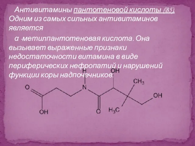 Антивитамины пантотеновой кислоты (B5). Одним из самых сильных антивитаминов является α -метилпантотеновая