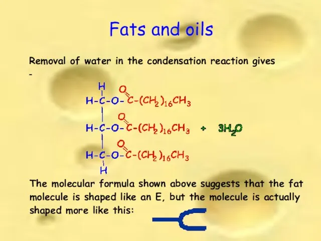 Fats and oils Removal of water in the condensation reaction gives -