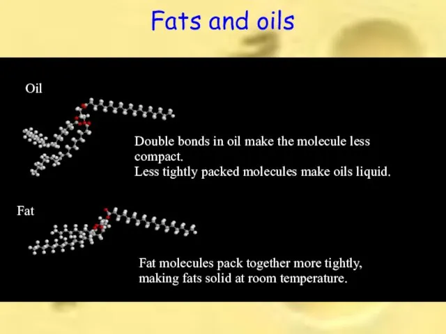 Oil Fat Fat molecules pack together more tightly, making fats solid at