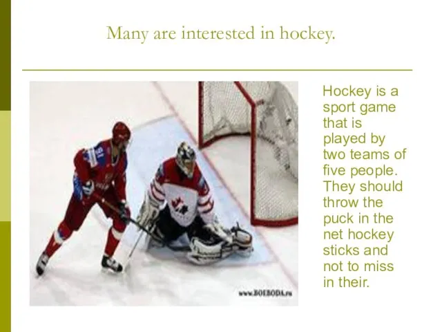 Many are interested in hockey. Hockey is a sport game that is