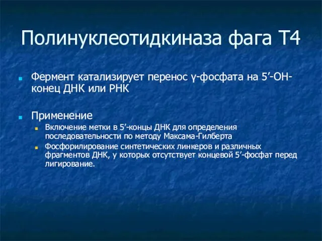 Полинуклеотидкиназа фага Т4 Фермент катализирует перенос γ-фосфата на 5’-ОН-конец ДНК или РНК