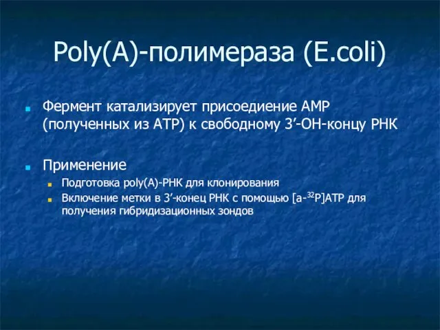 Poly(A)-полимераза (E.coli) Фермент катализирует присоедиение АМР (полученных из АТР) к свободному 3’-ОН-концу