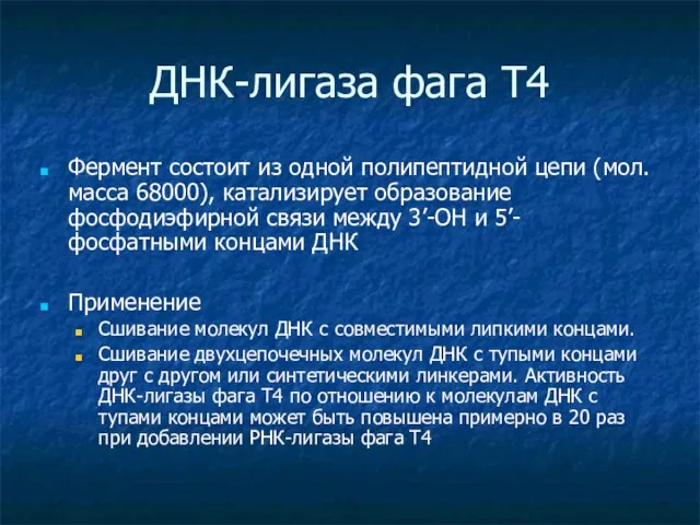 ДНК-лигаза фага Т4 Фермент состоит из одной полипептидной цепи (мол.масса 68000), катализирует