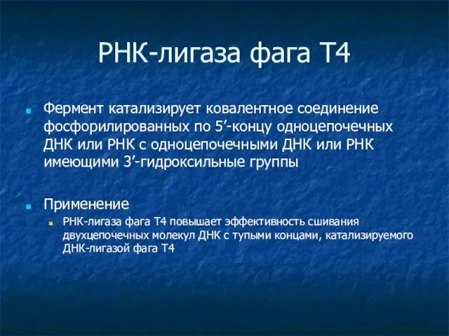 РНК-лигаза фага Т4 Фермент катализирует ковалентное соединение фосфорилированных по 5’-концу одноцепочечных ДНК