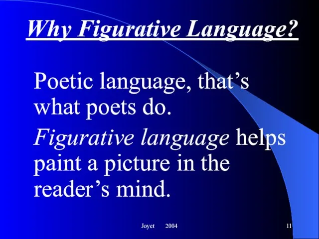 Joyet 2004 Why Figurative Language? Poetic language, that’s what poets do. Figurative