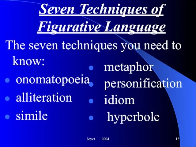 Joyet 2004 The seven techniques you need to know: onomatopoeia alliteration simile