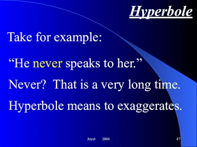 Joyet 2004 Hyperbole “He never speaks to her.” Never? That is a