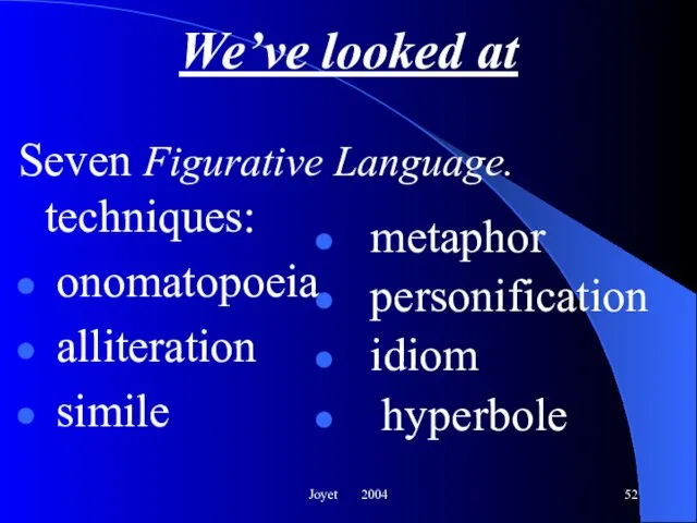 Joyet 2004 We’ve looked at Seven Figurative Language. techniques: onomatopoeia alliteration simile metaphor personification idiom hyperbole