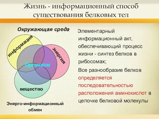 Жизнь - информационный способ существования белковых тел Элементарный информационный акт, обеспечивающий процесс