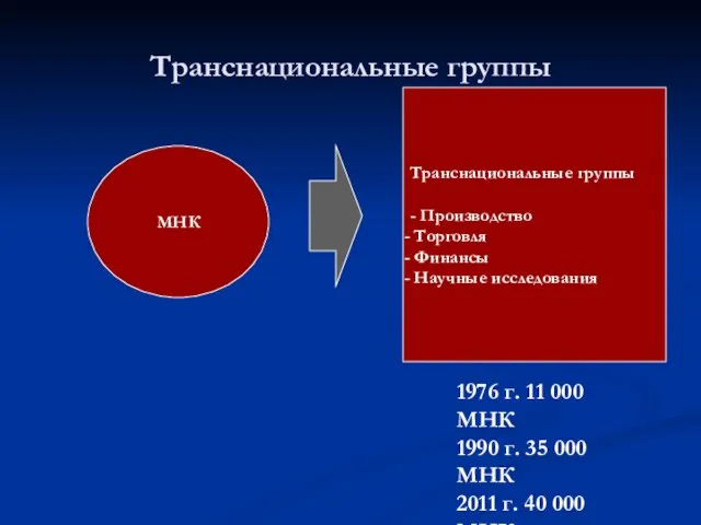 Транснациональные группы МНК Транснациональные группы - Производство Торговля Финансы Научные исследования 1976