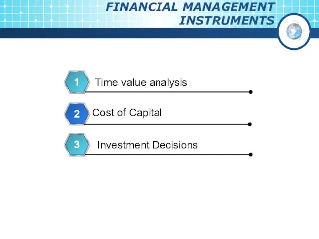 FINANCIAL MANAGEMENT INSTRUMENTS Time value analysis 1 Cost of Capital 2 Investment Decisions 3