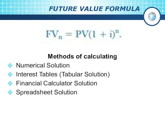 FUTURE VALUE FORMULA Methods of calculating Numerical Solution Interest Tables (Tabular Solution)