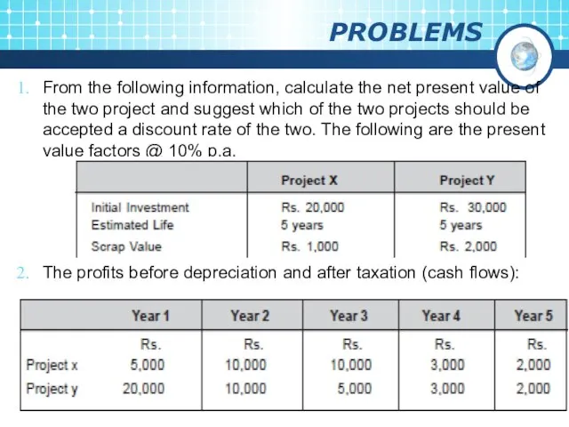 PROBLEMS From the following information, calculate the net present value of the