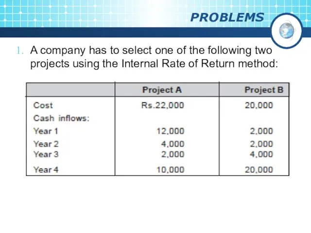 PROBLEMS A company has to select one of the following two projects
