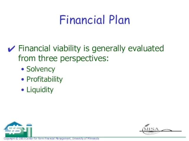 Financial Plan Financial viability is generally evaluated from three perspectives: Solvency Profitability Liquidity