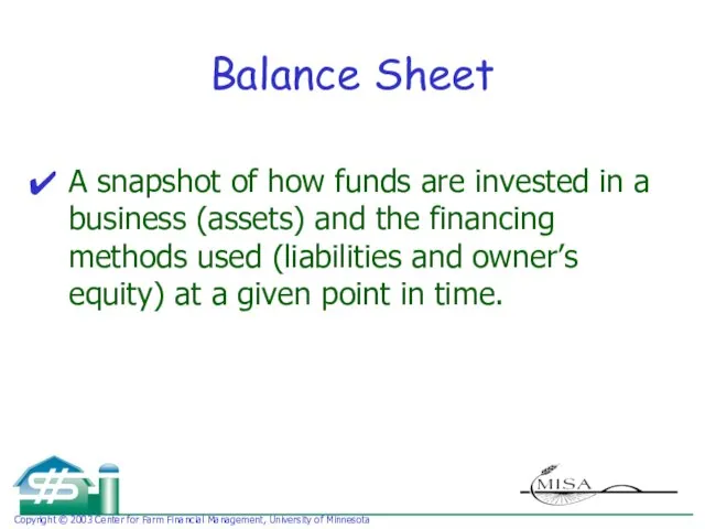 Balance Sheet A snapshot of how funds are invested in a business