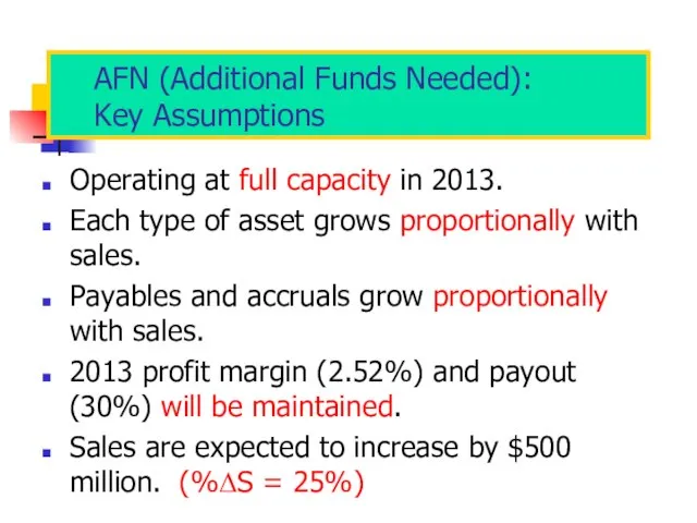 AFN (Additional Funds Needed): Key Assumptions Operating at full capacity in 2013.