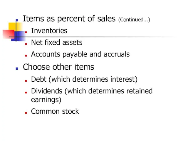 Items as percent of sales (Continued...) Inventories Net fixed assets Accounts payable