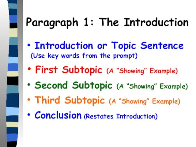 Paragraph 1: The Introduction Introduction or Topic Sentence (Use key words from