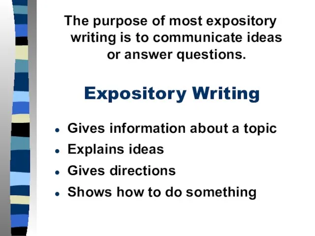 Expository Writing Gives information about a topic Explains ideas Gives directions Shows