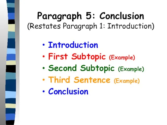 Paragraph 5: Conclusion (Restates Paragraph 1: Introduction) Introduction First Subtopic (Example) Second