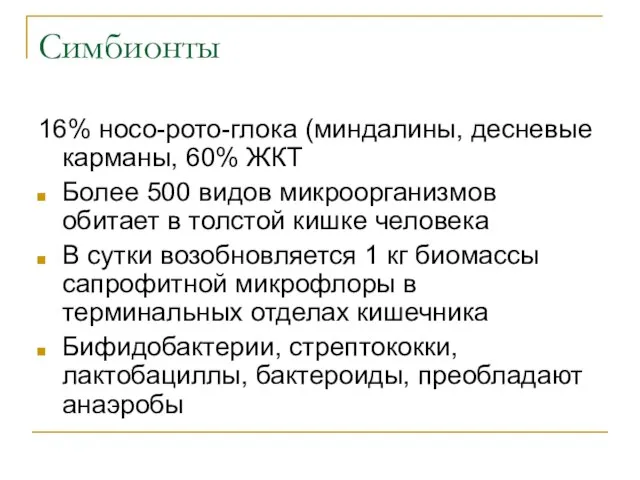 Симбионты 16% носо-рото-глока (миндалины, десневые карманы, 60% ЖКТ Более 500 видов микроорганизмов