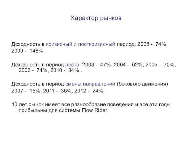 Характер рынков Доходность в кризисный и посткризисный период: 2008 - 74% 2009