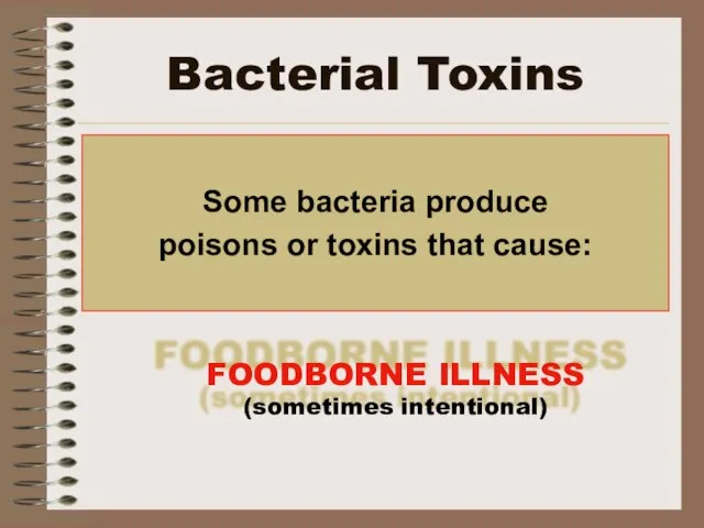 Bacterial Toxins Some bacteria produce poisons or toxins that cause: FOODBORNE ILLNESS (sometimes intentional)