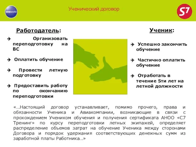 Ученический договор Ученик: Работодатель: Организовать переподготовку на ВС Оплатить обучение Провести летную