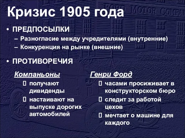 Кризис 1905 года ПРЕДПОСЫЛКИ Разногласие между учредителями (внутренние) Конкуренция на рынке (внешние)