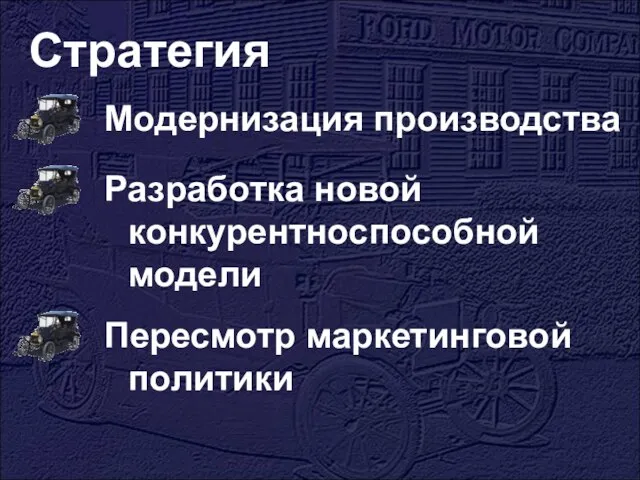 Стратегия Модернизация производства Разработка новой конкурентноспособной модели Пересмотр маркетинговой политики